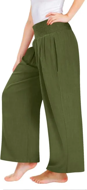 Girls Summer Cotton Linen Wide Leg Pants Drawstring High Waist Palazzo Flowy Beach Trousers with Pockets