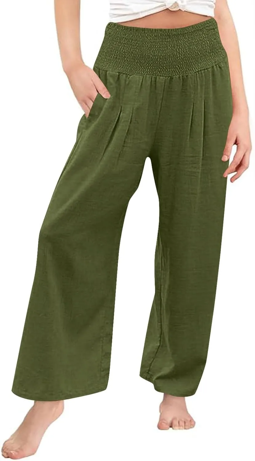Girls Summer Cotton Linen Wide Leg Pants Drawstring High Waist Palazzo Flowy Beach Trousers with Pockets