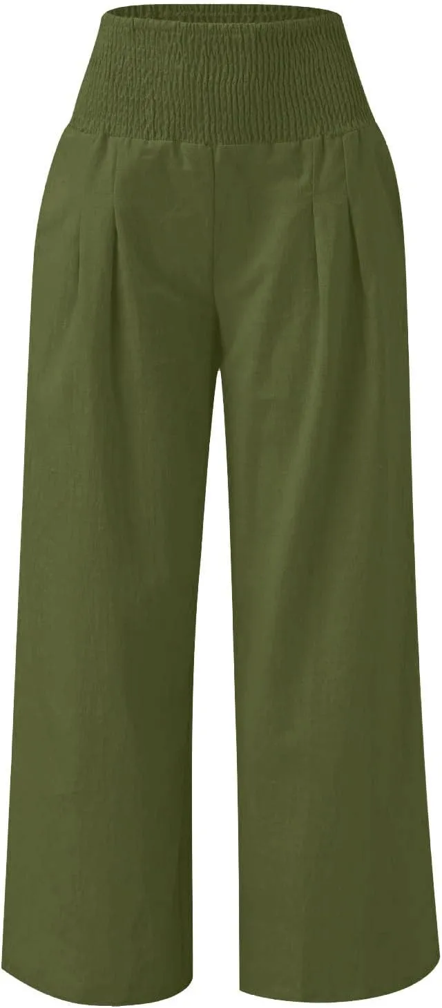 Girls Summer Cotton Linen Wide Leg Pants Drawstring High Waist Palazzo Flowy Beach Trousers with Pockets