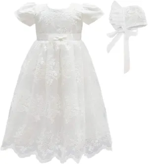 Glamulice Baby Girls Christening Baptism Dress Newborn Floral Embroidered Lace Dresses for Toddler