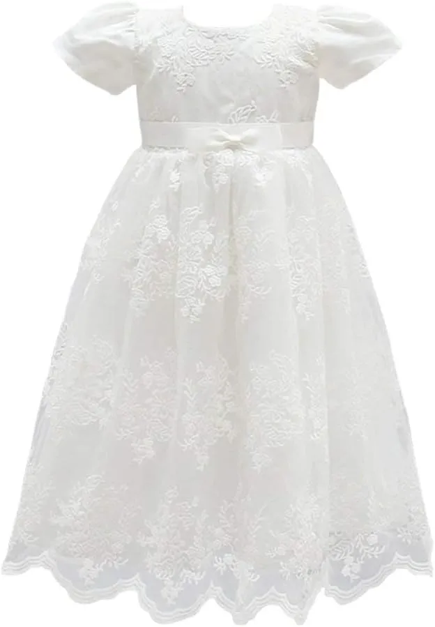 Glamulice Baby Girls Christening Baptism Dress Newborn Floral Embroidered Lace Dresses for Toddler