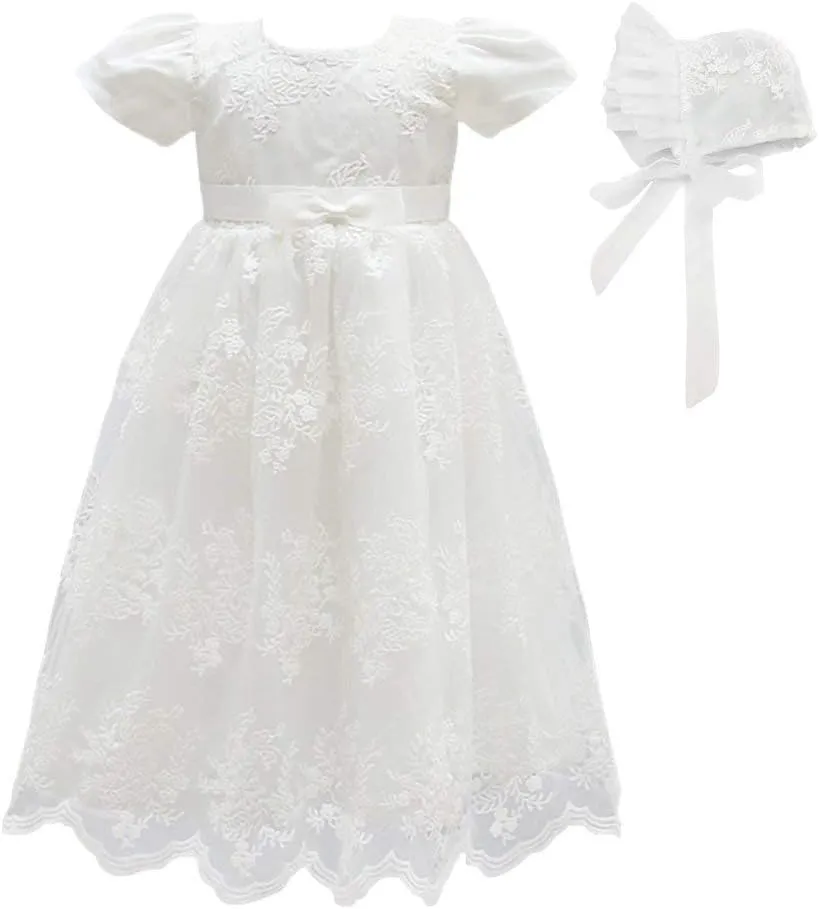 Glamulice Baby Girls Christening Baptism Dress Newborn Floral Embroidered Lace Dresses for Toddler