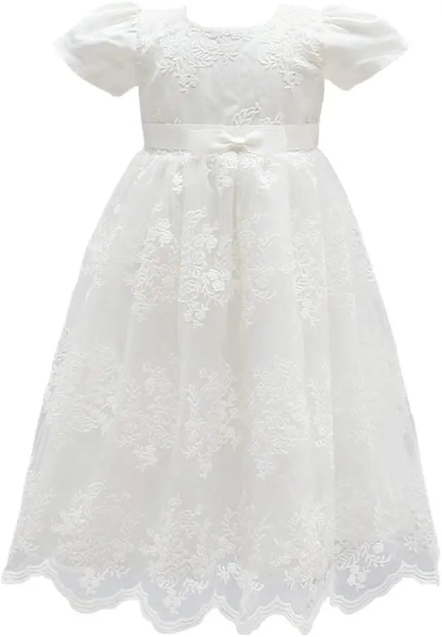 Glamulice Baby Girls Christening Baptism Dress Newborn Floral Embroidered Lace Dresses for Toddler