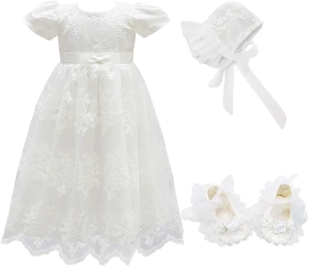 Glamulice Baby Girls Christening Baptism Dress Newborn Floral Embroidered Lace Dresses for Toddler