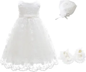 Glamulice Baby Girls Christening Baptism Dress Newborn Floral Embroidered Lace Dresses for Toddler
