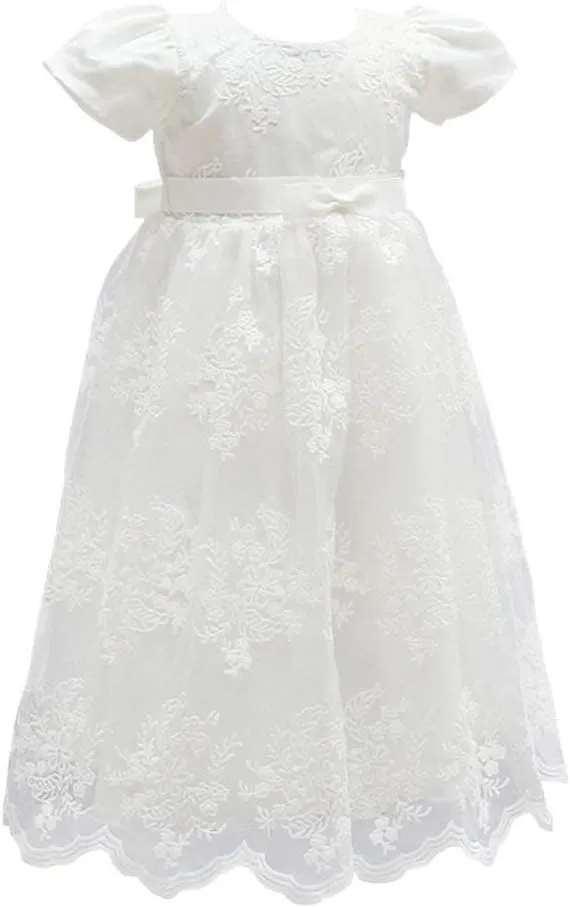 Glamulice Baby Girls Christening Baptism Dress Newborn Floral Embroidered Lace Dresses for Toddler