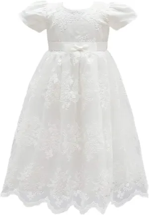 Glamulice Baby Girls Christening Baptism Dress Newborn Floral Embroidered Lace Dresses for Toddler