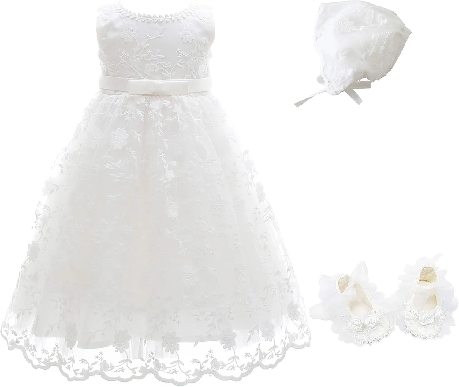 Glamulice Baby Girls Christening Baptism Dress Newborn Floral Embroidered Lace Dresses for Toddler