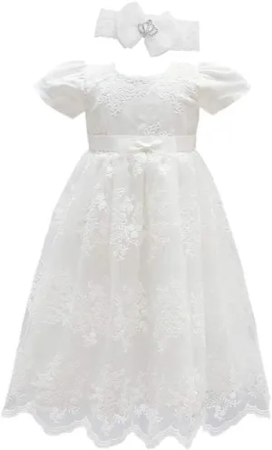 Glamulice Baby Girls Christening Baptism Dress Newborn Floral Embroidered Lace Dresses for Toddler