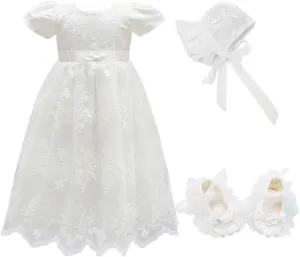 Glamulice Baby Girls Christening Baptism Dress Newborn Floral Embroidered Lace Dresses for Toddler