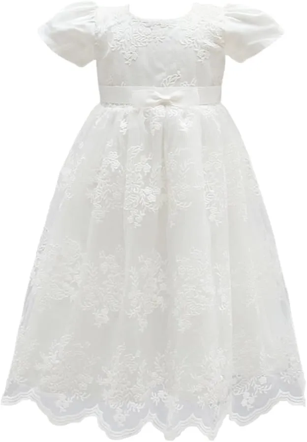 Glamulice Baby Girls Christening Baptism Dress Newborn Floral Embroidered Lace Dresses for Toddler