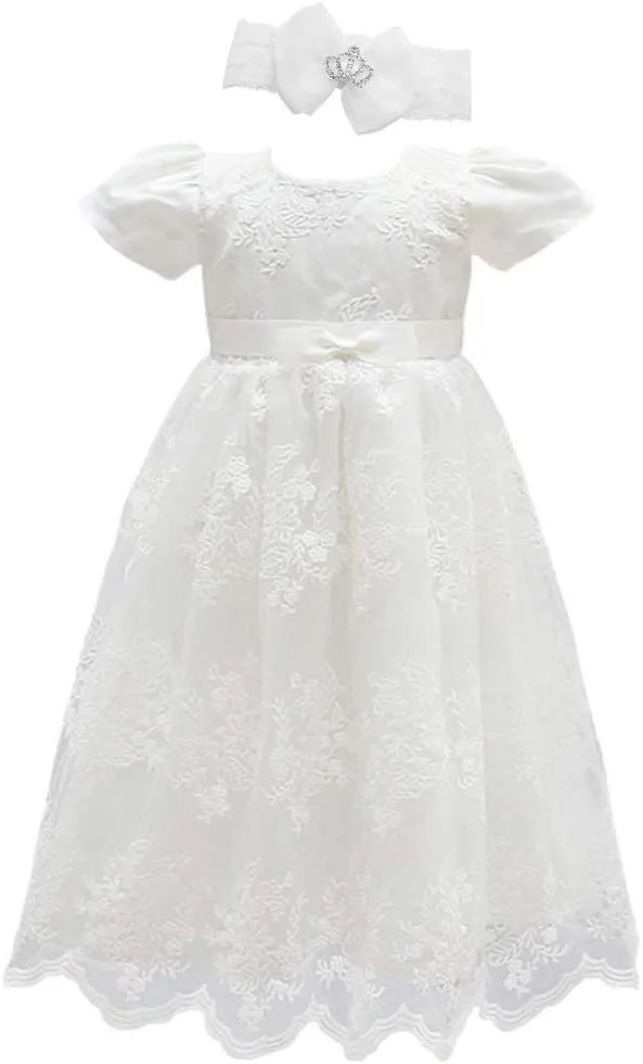 Glamulice Baby Girls Christening Baptism Dress Newborn Floral Embroidered Lace Dresses for Toddler