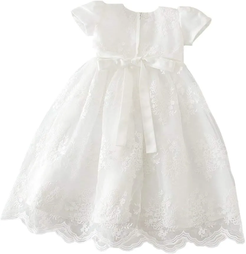 Glamulice Baby Girls Christening Baptism Dress Newborn Floral Embroidered Lace Dresses for Toddler