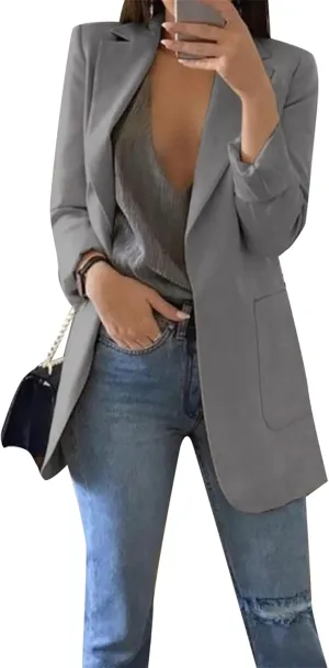 GORIFE Women Long Sleeve Lapel Blazers Jacket Loose Work Office Blazers Coat with Pockets