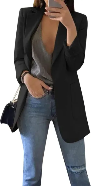GORIFE Women Long Sleeve Lapel Blazers Jacket Loose Work Office Blazers Coat with Pockets