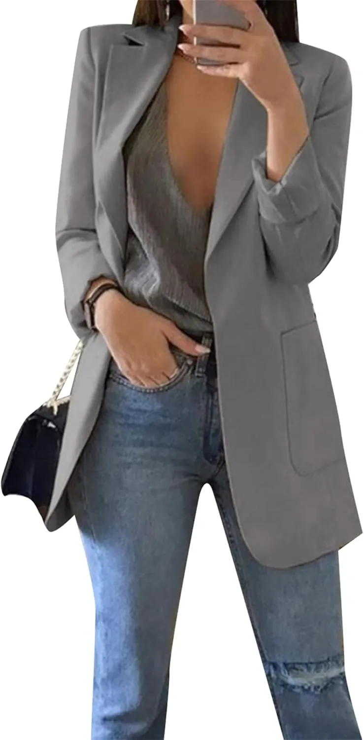 GORIFE Women Long Sleeve Lapel Blazers Jacket Loose Work Office Blazers Coat with Pockets