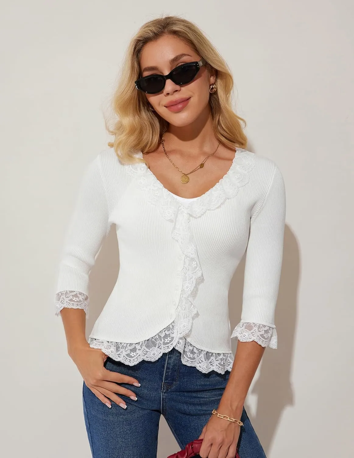 GRACE KARIN Lightweight Cardigan Sweaters for Women 2025 3/4 Sleeve Lace Button Open Front Bolero Shrug