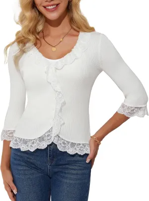GRACE KARIN Lightweight Cardigan Sweaters for Women 2025 3/4 Sleeve Lace Button Open Front Bolero Shrug