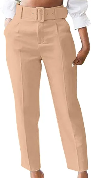 HGps8w Women's High Waisted Suit Pants with Belt Classic Fit Solid Color Straight Leg Business Work Office Dress Trousers