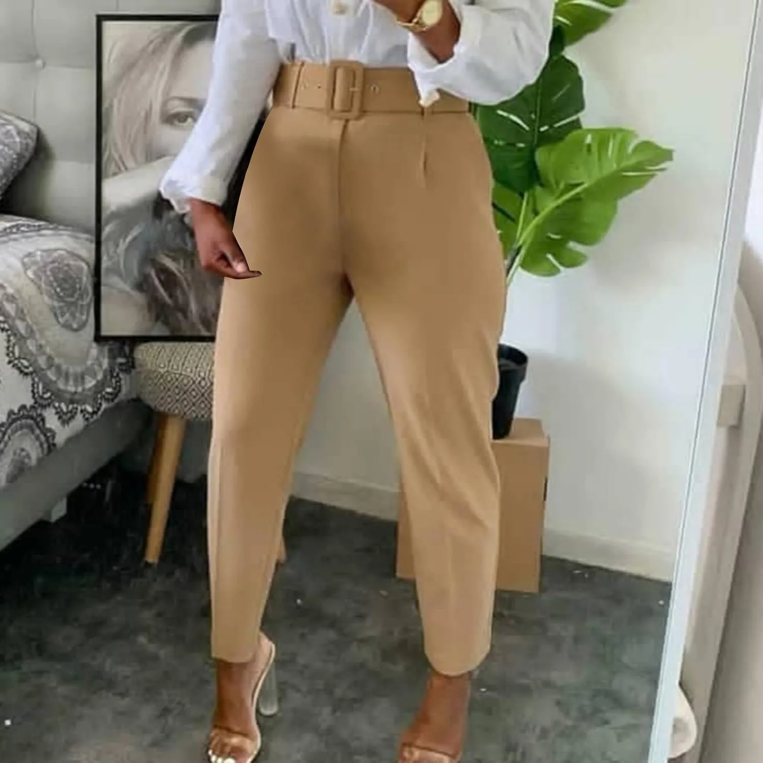 HGps8w Women's High Waisted Suit Pants with Belt Classic Fit Solid Color Straight Leg Business Work Office Dress Trousers