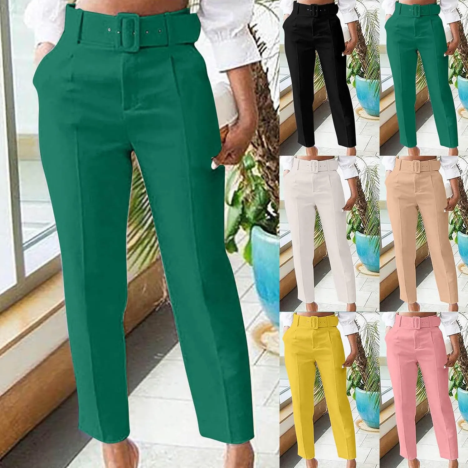 HGps8w Women's High Waisted Suit Pants with Belt Classic Fit Solid Color Straight Leg Business Work Office Dress Trousers
