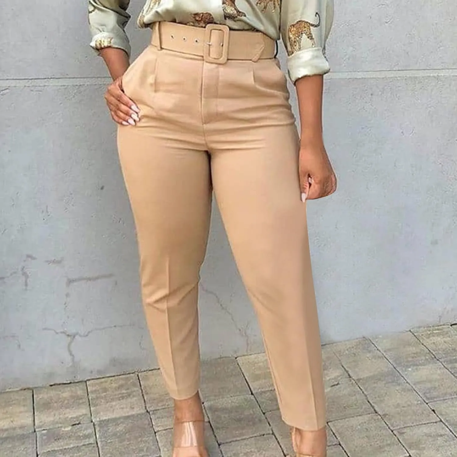 HGps8w Women's High Waisted Suit Pants with Belt Classic Fit Solid Color Straight Leg Business Work Office Dress Trousers