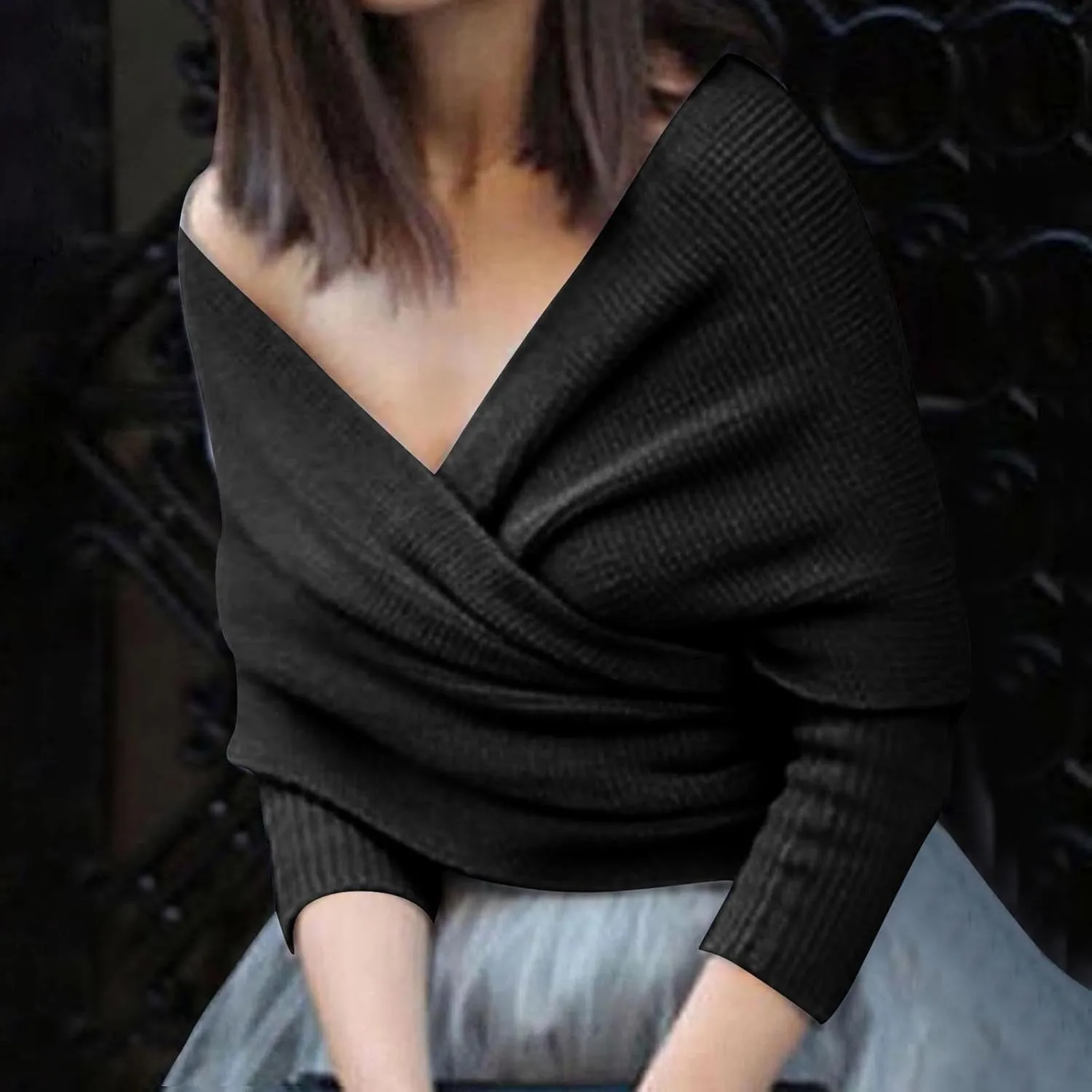 HGps8w Women's Wrap V Neck Cropped Sweaters Shawl, 2025 Fall Long Sleeve Cross Front Off Shoulder Solid Knitted Pullover Tops