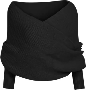 HGps8w Women's Wrap V Neck Cropped Sweaters Shawl, 2025 Fall Long Sleeve Cross Front Off Shoulder Solid Knitted Pullover Tops