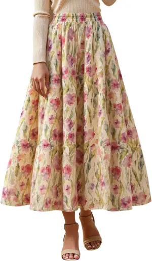 High Waisted Long Skirts for Women Ruffle Tiered Flowy A-Line Floral Skirt Vacation Summer Casual Beach Boho Dress