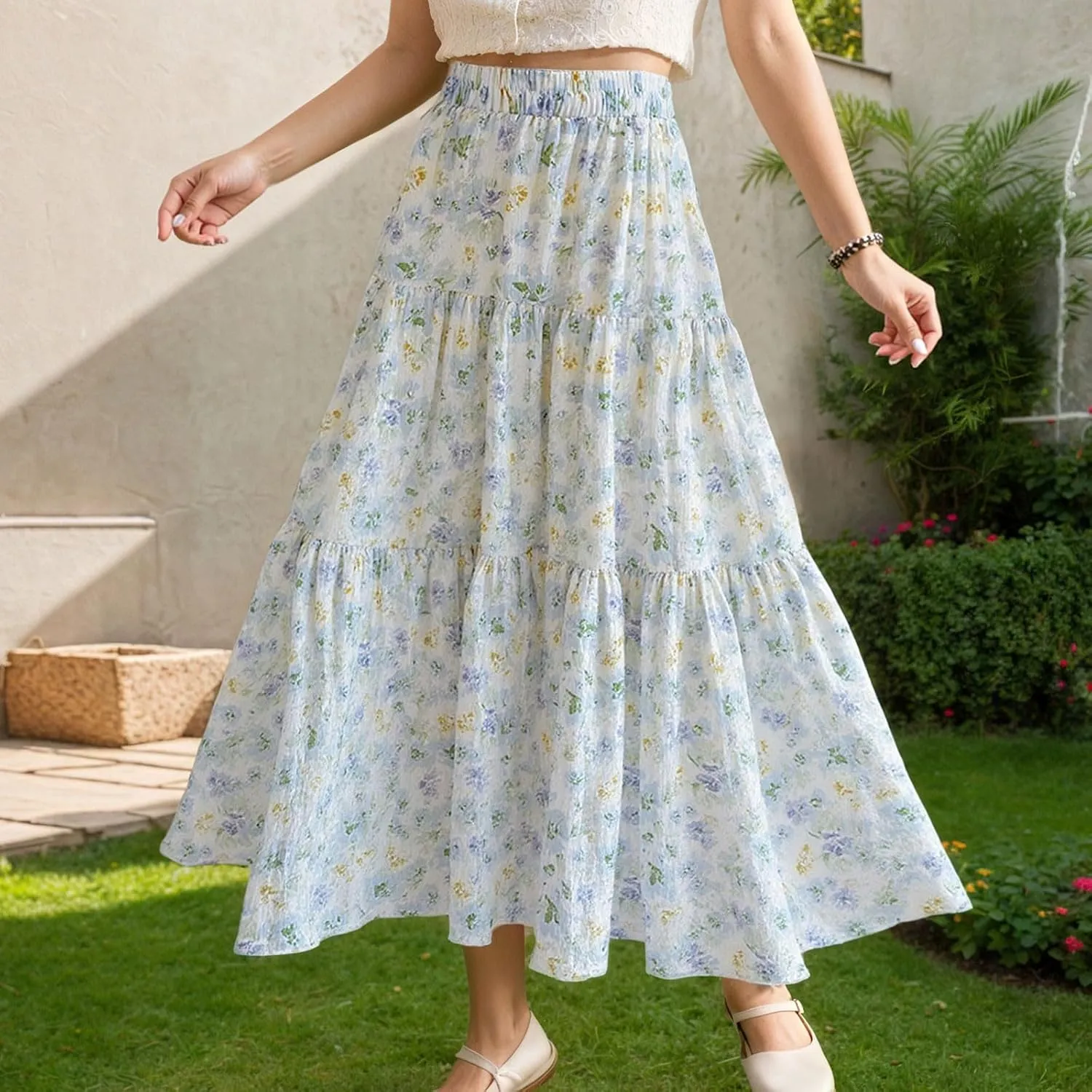 High Waisted Long Skirts for Women Ruffle Tiered Flowy A-Line Floral Skirt Vacation Summer Casual Beach Boho Dress