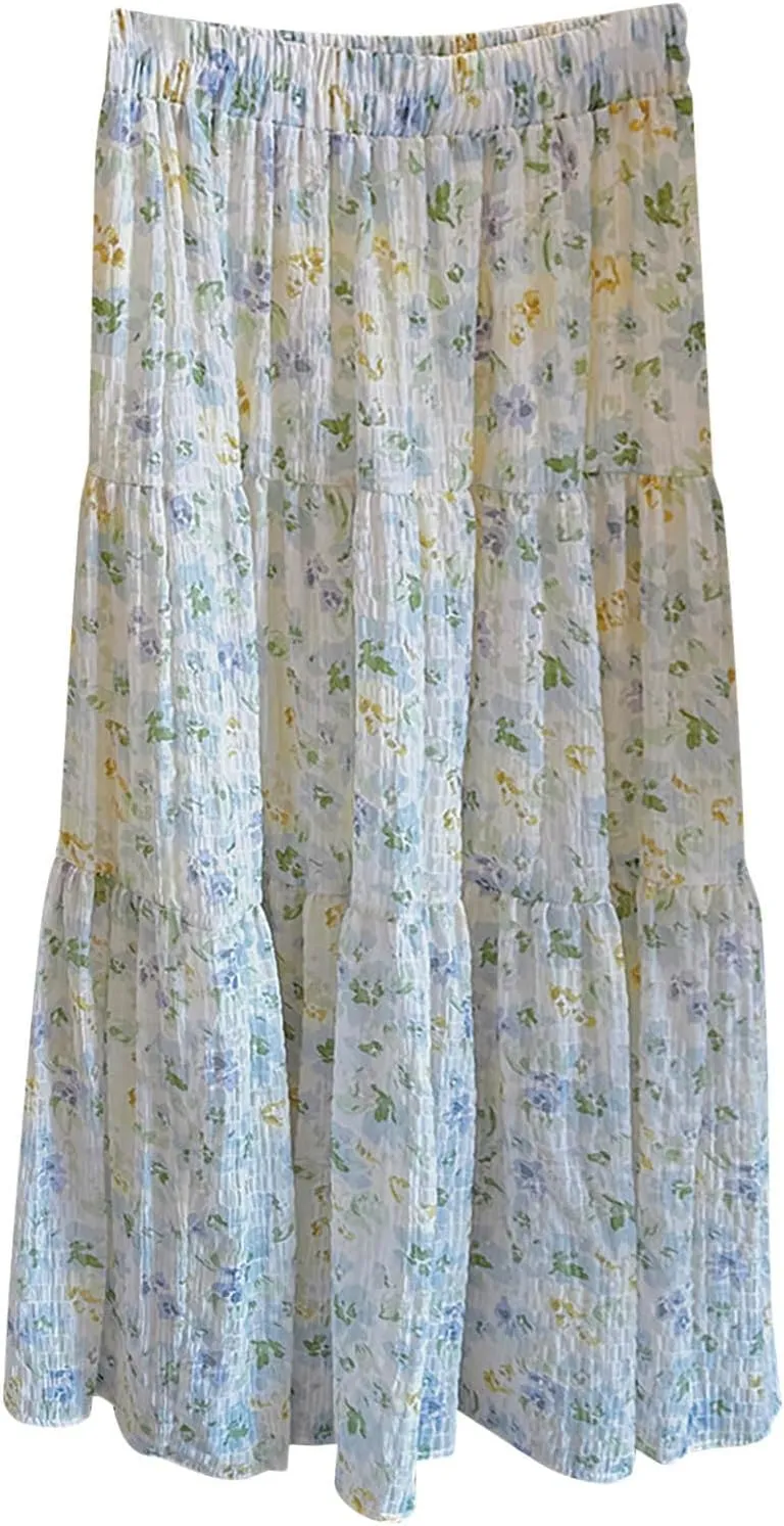 High Waisted Long Skirts for Women Ruffle Tiered Flowy A-Line Floral Skirt Vacation Summer Casual Beach Boho Dress