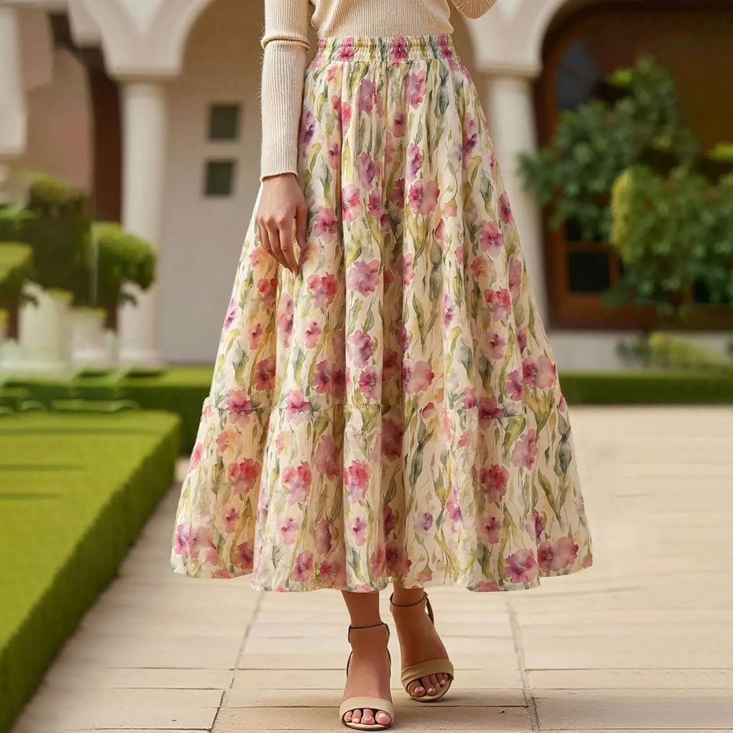 High Waisted Long Skirts for Women Ruffle Tiered Flowy A-Line Floral Skirt Vacation Summer Casual Beach Boho Dress
