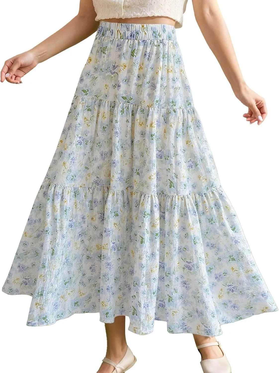High Waisted Long Skirts for Women Ruffle Tiered Flowy A-Line Floral Skirt Vacation Summer Casual Beach Boho Dress