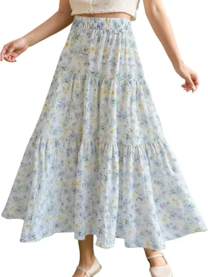 High Waisted Long Skirts for Women Ruffle Tiered Flowy A-Line Floral Skirt Vacation Summer Casual Beach Boho Dress