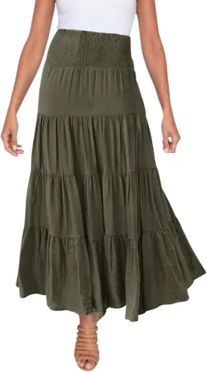 High Waisted Maxi Skirts for Women Trendy Smocked Ruffled Tiered Flowy Linen Skirt Summer Casual Boho Long Skorts