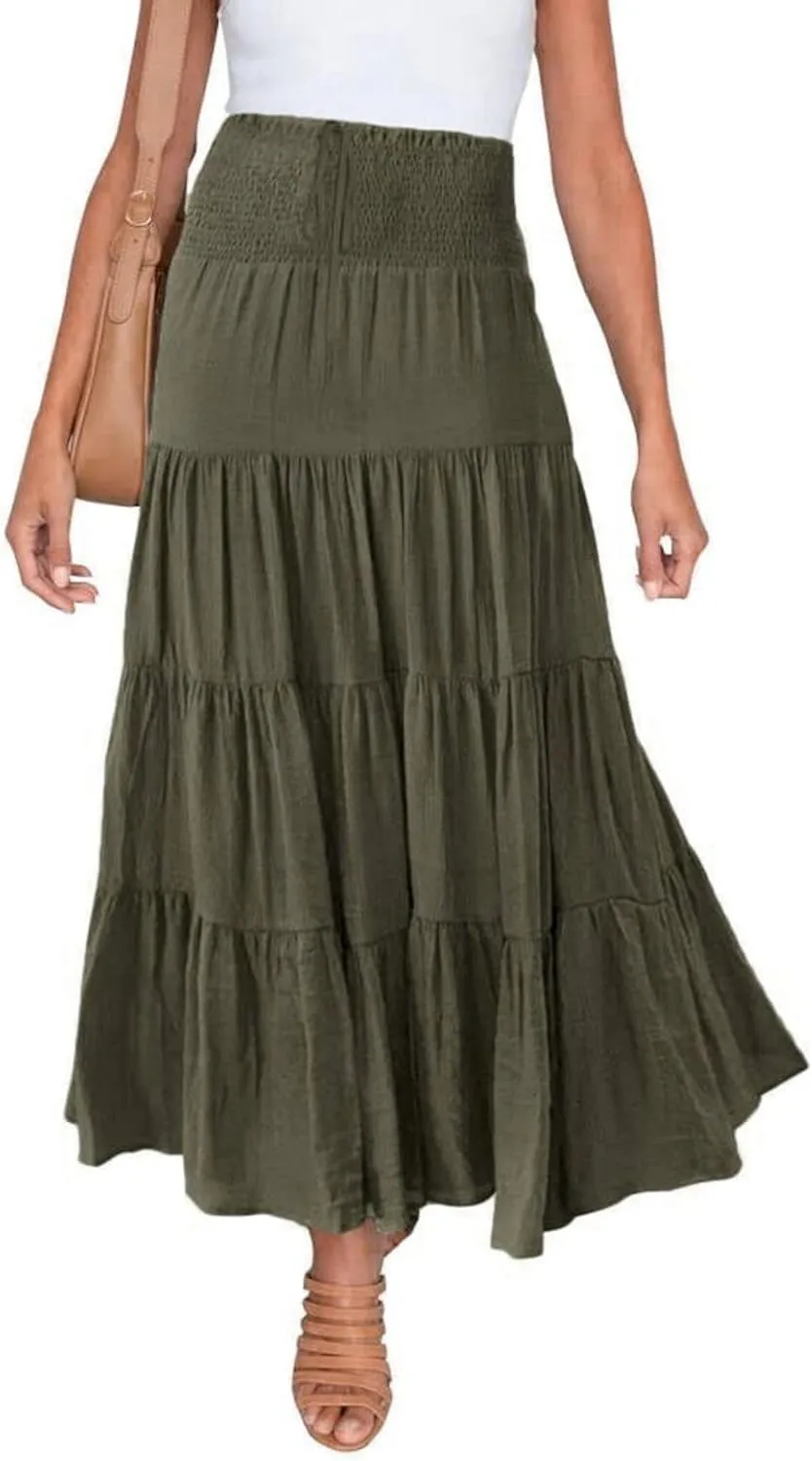 High Waisted Maxi Skirts for Women Trendy Smocked Ruffled Tiered Flowy Linen Skirt Summer Casual Boho Long Skorts