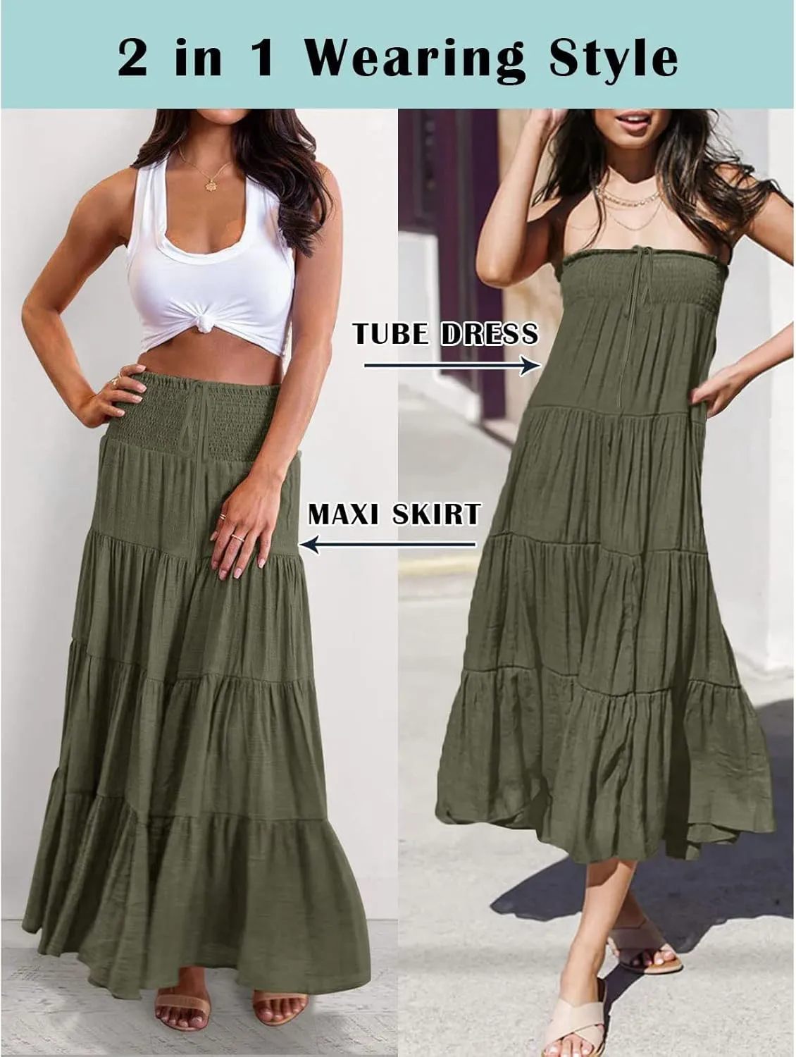 High Waisted Maxi Skirts for Women Trendy Smocked Ruffled Tiered Flowy Linen Skirt Summer Casual Boho Long Skorts