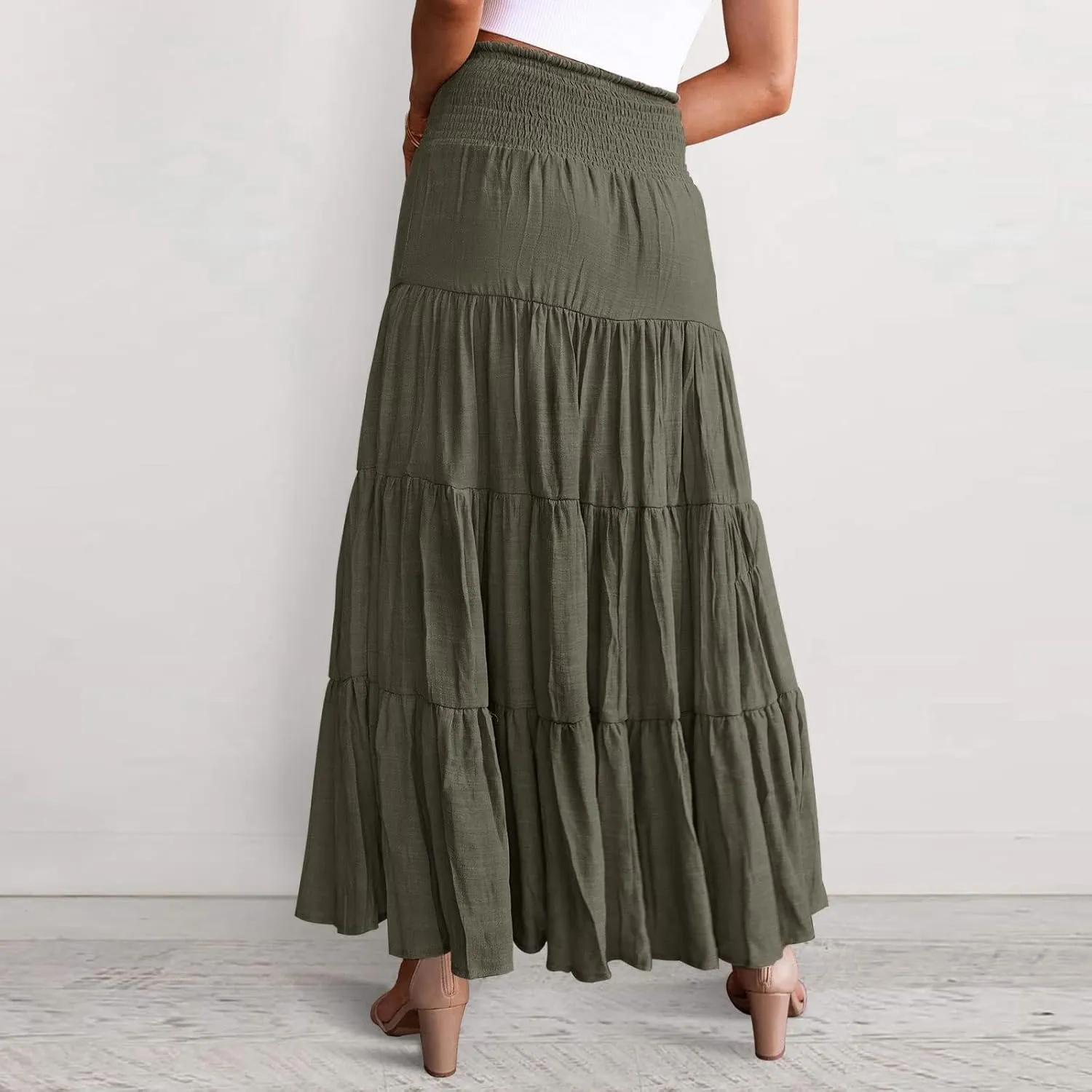 High Waisted Maxi Skirts for Women Trendy Smocked Ruffled Tiered Flowy Linen Skirt Summer Casual Boho Long Skorts