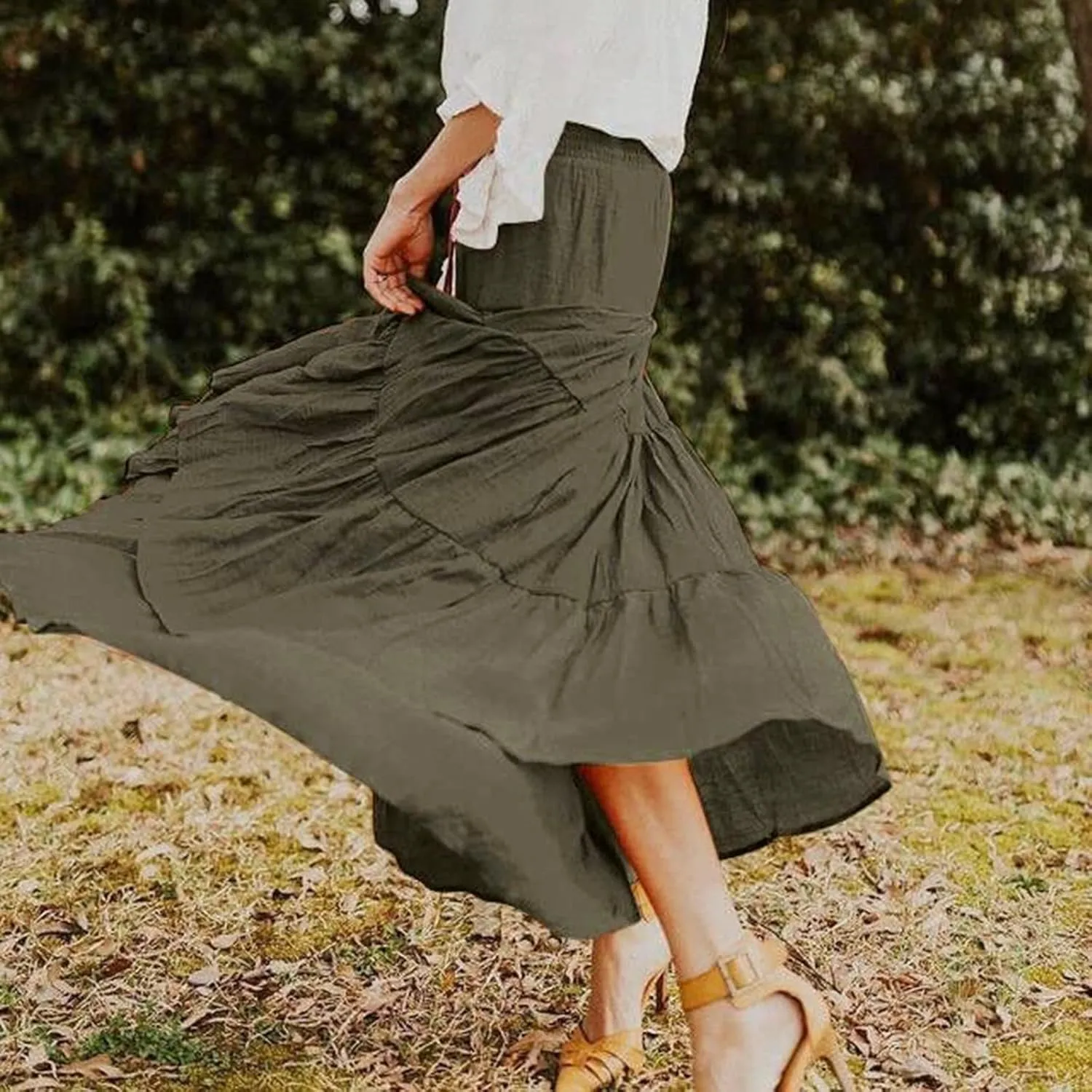 High Waisted Maxi Skirts for Women Trendy Smocked Ruffled Tiered Flowy Linen Skirt Summer Casual Boho Long Skorts
