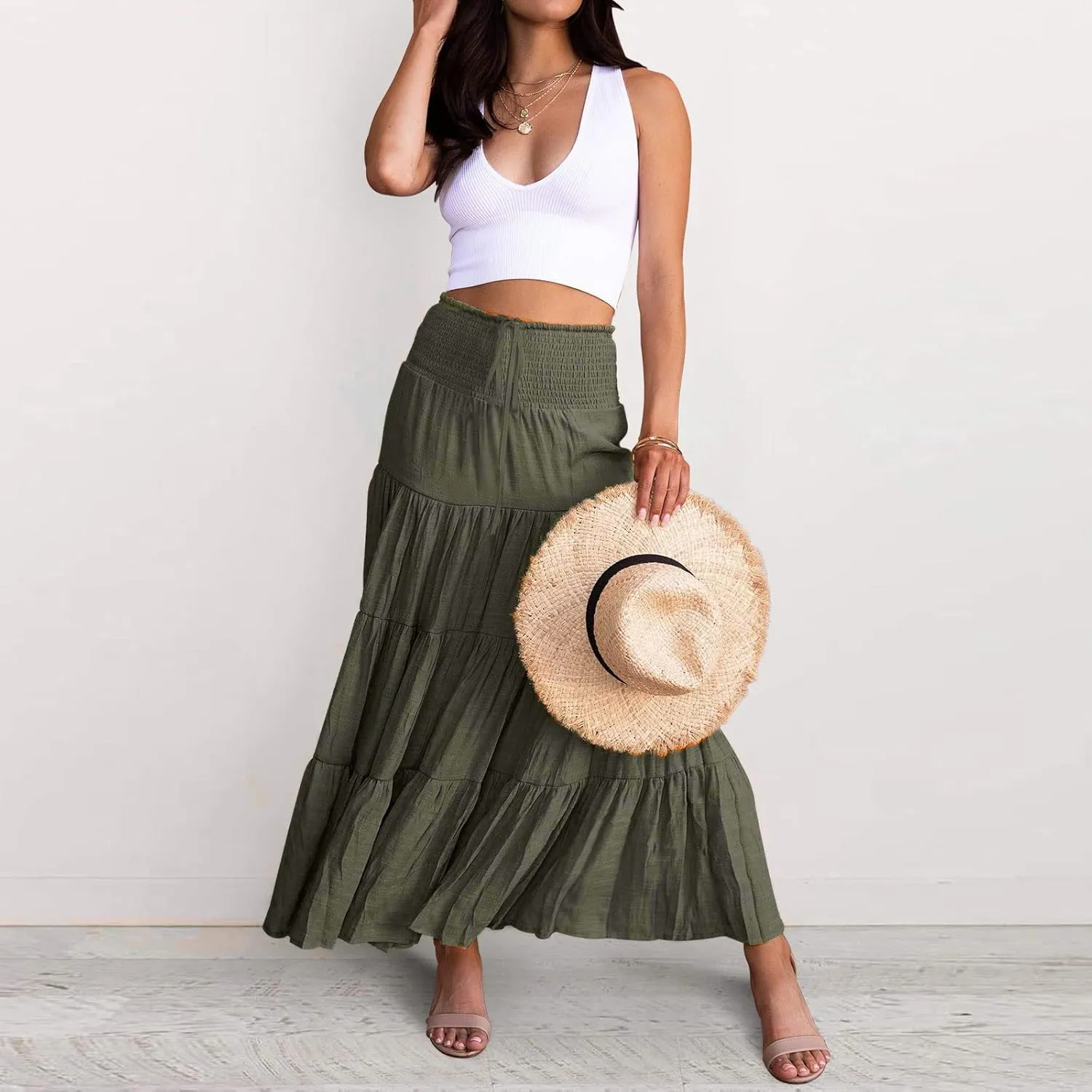 High Waisted Maxi Skirts for Women Trendy Smocked Ruffled Tiered Flowy Linen Skirt Summer Casual Boho Long Skorts