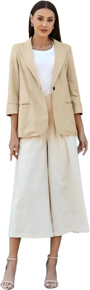 IDEALSANXUN Linen Blazer Women 3/4 Sleeve Lightweight Spring Summer Blazer Jackets