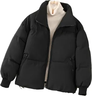 JEsilunmaMY Women's Thicken Short Puffer Jacket Stand Collar Casual Loose Down Coats Warm Winter Insulated Padded Coat