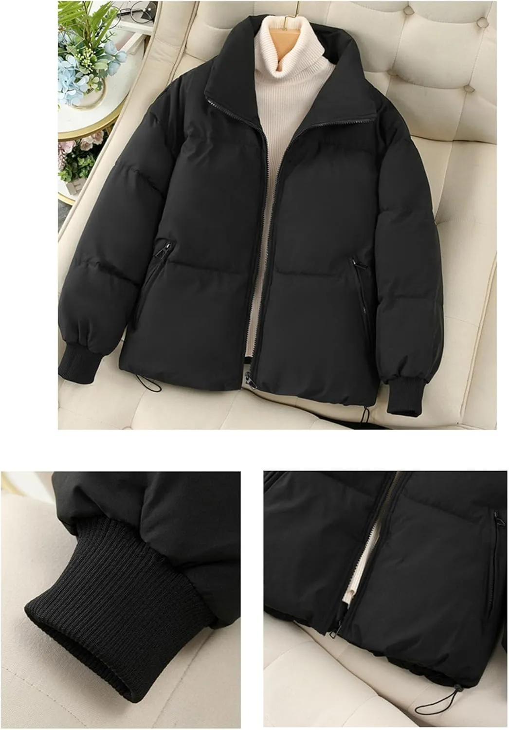 JEsilunmaMY Women's Thicken Short Puffer Jacket Stand Collar Casual Loose Down Coats Warm Winter Insulated Padded Coat