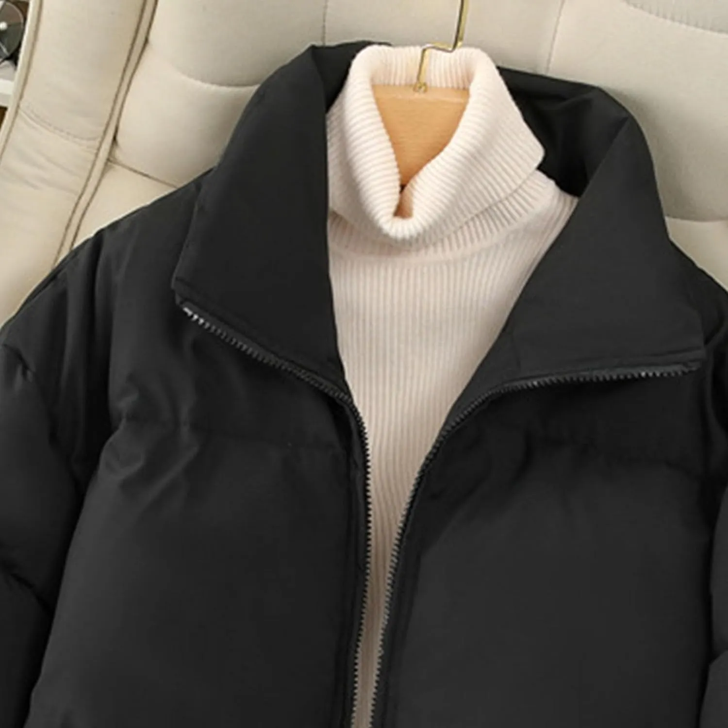 JEsilunmaMY Women's Thicken Short Puffer Jacket Stand Collar Casual Loose Down Coats Warm Winter Insulated Padded Coat