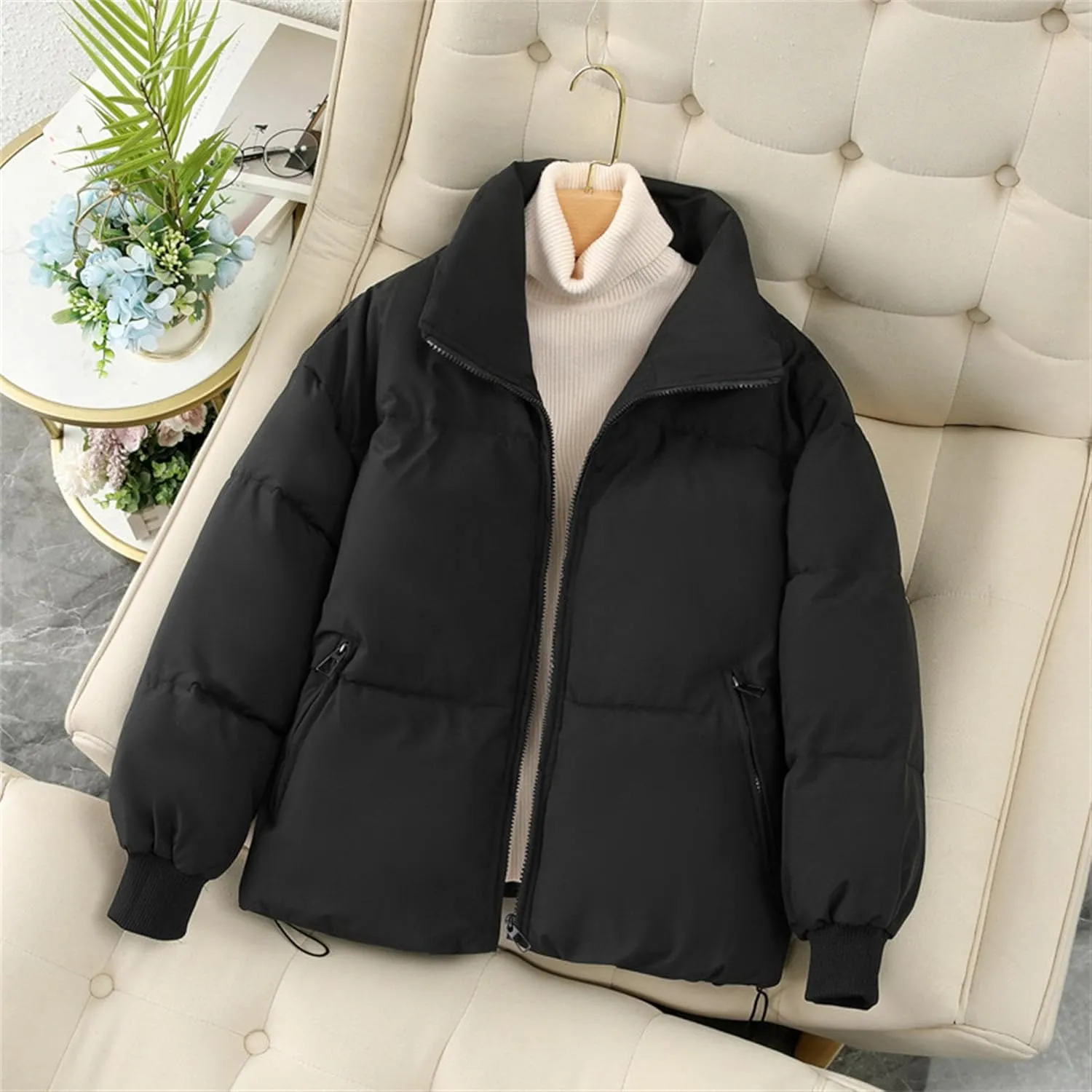 JEsilunmaMY Women's Thicken Short Puffer Jacket Stand Collar Casual Loose Down Coats Warm Winter Insulated Padded Coat