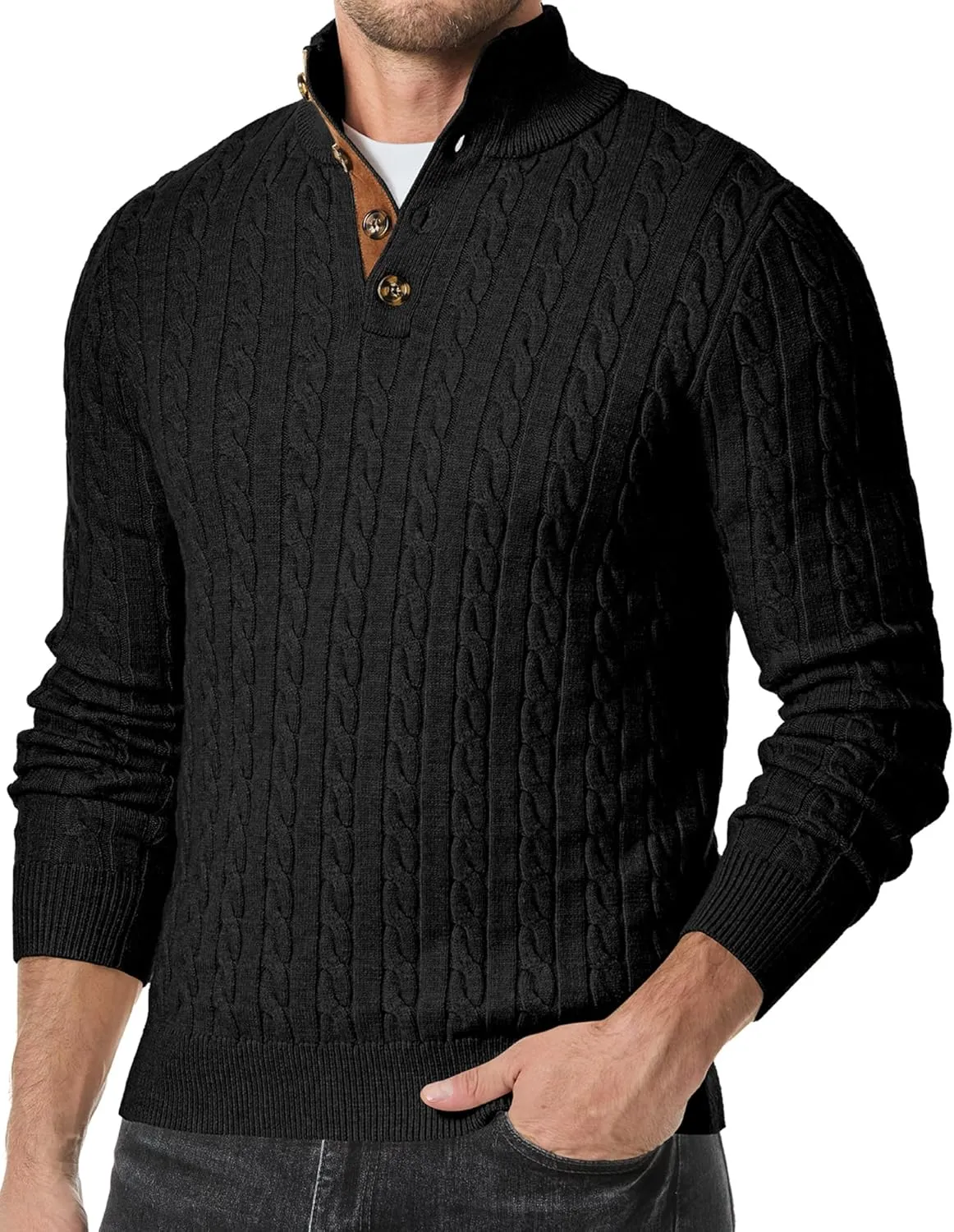 JMIERR Men's Cable Knit Pullover Sweater Casual Long Sleeve Stand Collar Button Knitted Sweaters