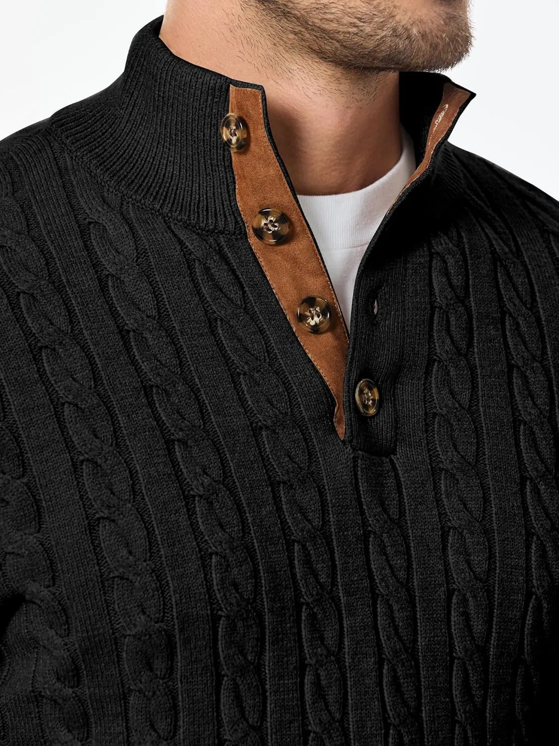 JMIERR Men's Cable Knit Pullover Sweater Casual Long Sleeve Stand Collar Button Knitted Sweaters
