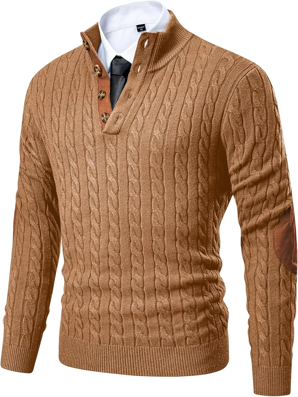 JMIERR Men's Cable Knit Pullover Sweater Casual Long Sleeve Stand Collar Button Knitted Sweaters
