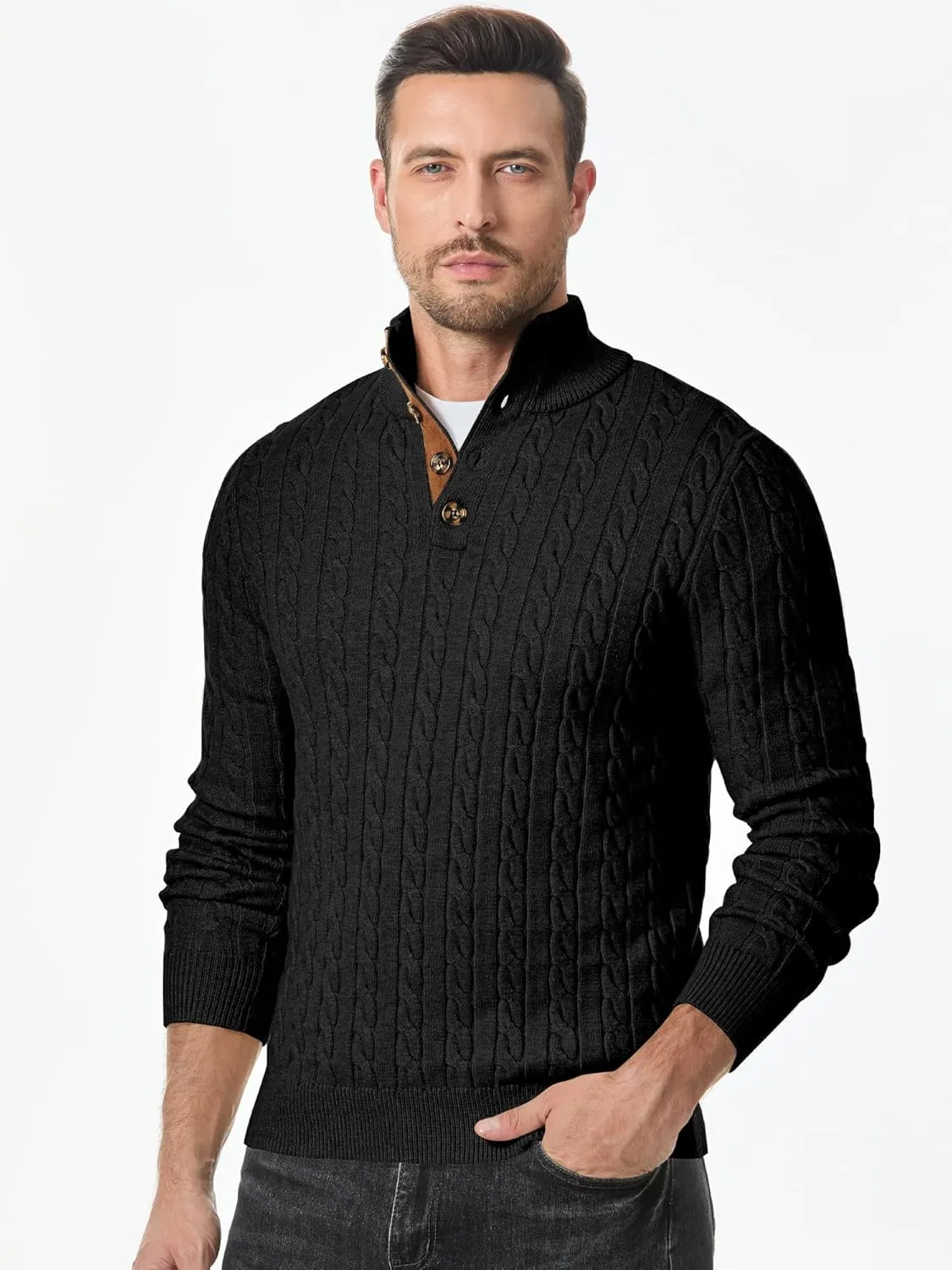 JMIERR Men's Cable Knit Pullover Sweater Casual Long Sleeve Stand Collar Button Knitted Sweaters
