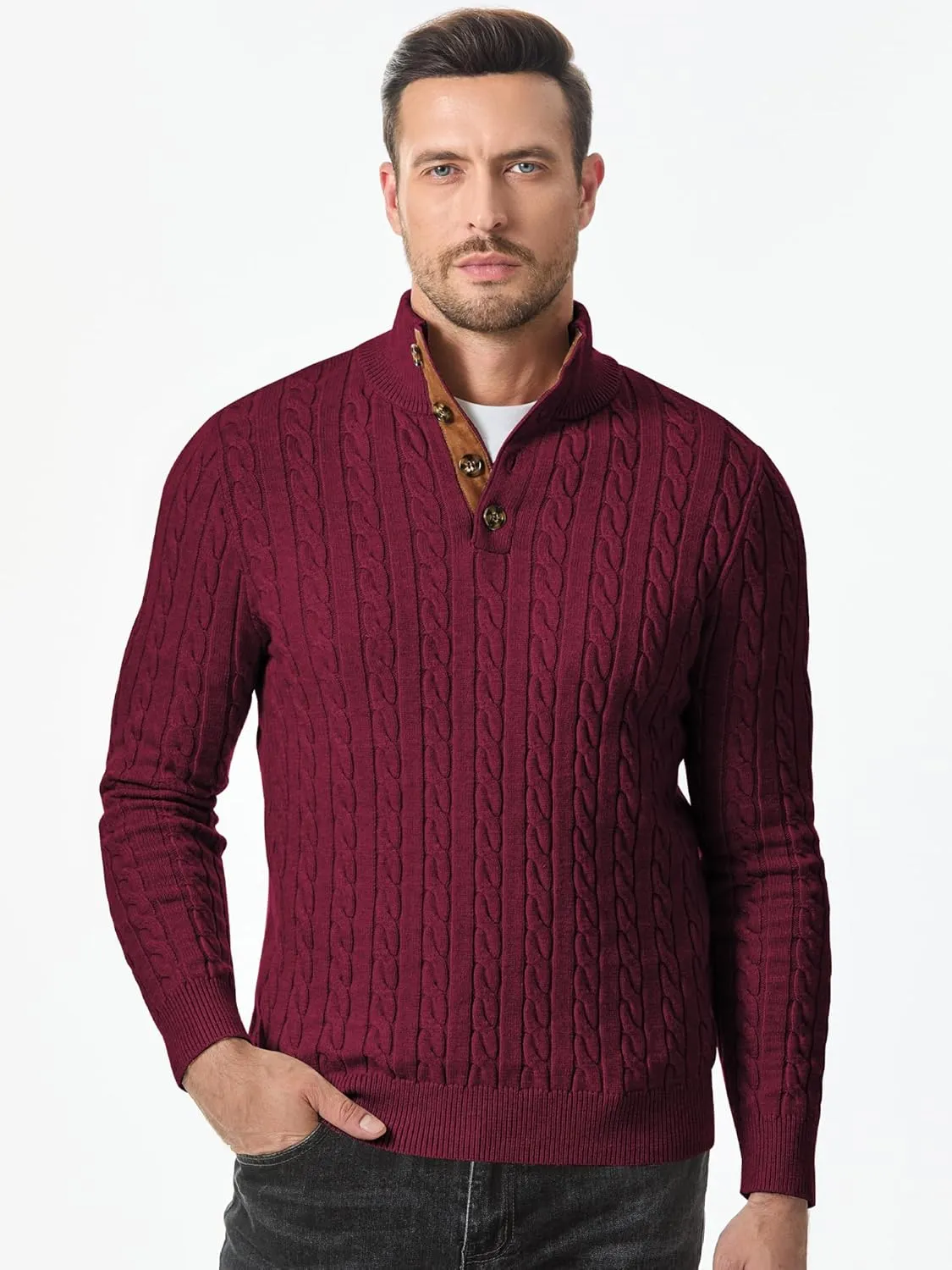 JMIERR Men's Cable Knit Pullover Sweater Casual Long Sleeve Stand Collar Button Knitted Sweaters